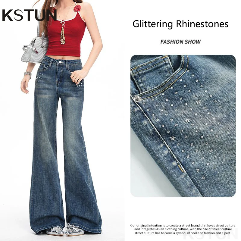 

KSTUN 2026 Summer High Waist Wide Leg Jeans For Women Bell Bottom Pants Flared Pants Hotfix Rhinestone Glittering Dragging Pants