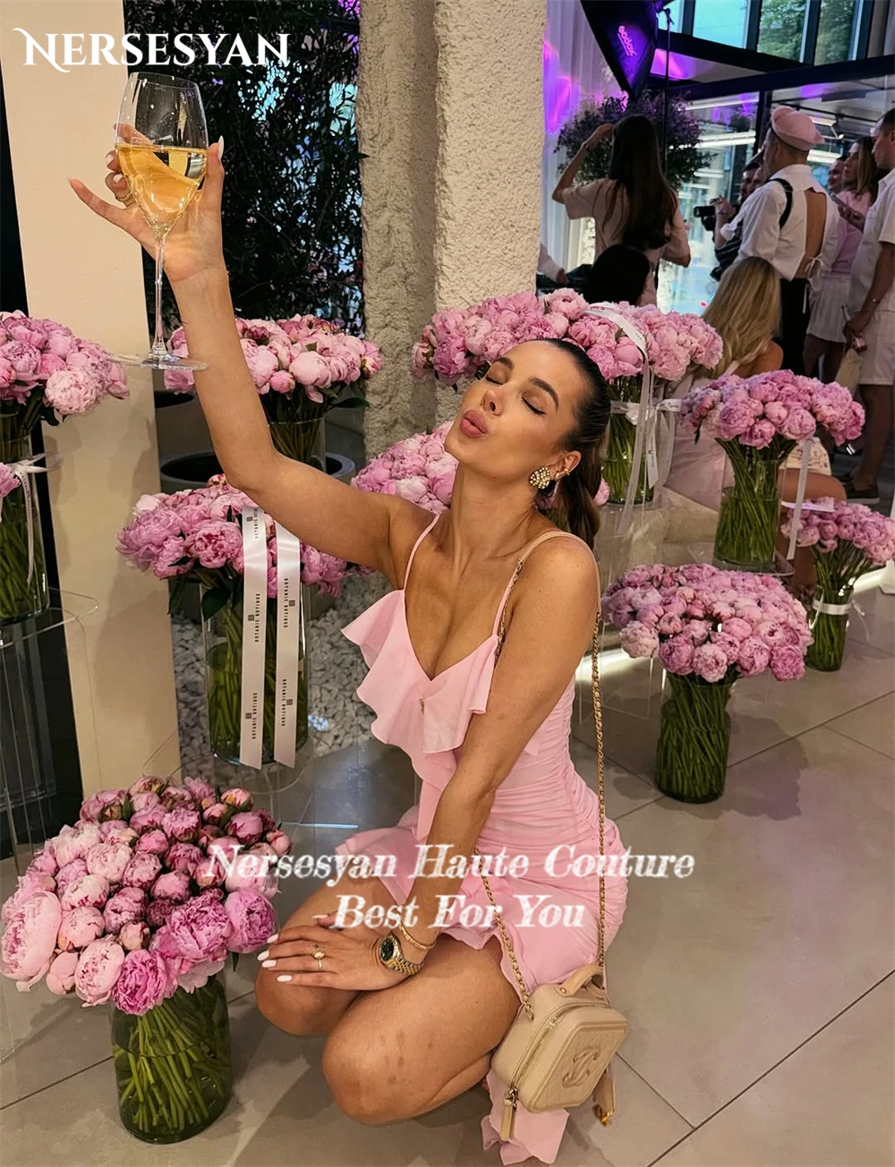 Nersesyan Robes de bal en mousseline de soie rose Bretelles spaghetti Volants Mini robe à plusieurs niveaux Robes de fête d'anniversaire 2025 pлаття жіно Kuy personnalisé
