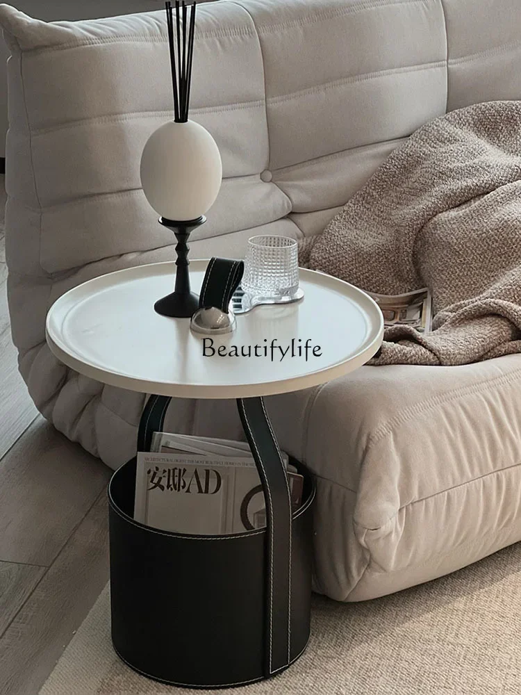 Sofa mobile small round coffee table bedroom saddle leather bedside designer hand carry storage corner table