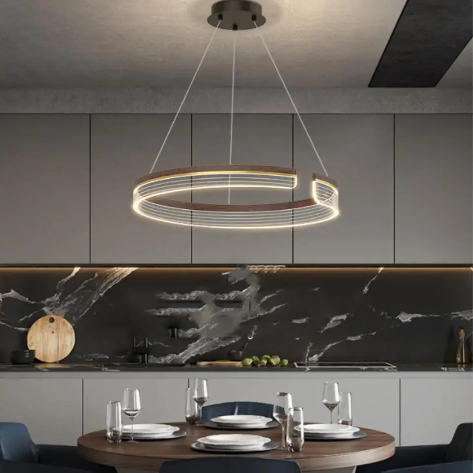 

Modern Round LED Chandeliers Imitation Wood Restaurant Bar Bedroom Lamp Height Adjustable Acrylic Nordic Lighting Fixtures