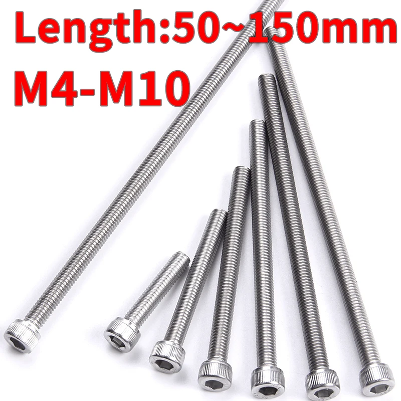 M3 M4 M5 M6 M8 M10 Hex Socket Bolt 304 Stainless Steel Full Tooth Cup Head Hexagon Allon Long Machine Screw Length 50-150mm