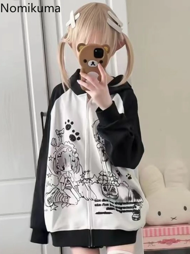 

Cotton Hoodies Coat Women's Clothing Anime Print Hooded Sweatshirts Zipper Casual Fashion Oversized Hoodie Y2k Tops Ropa Mujer
