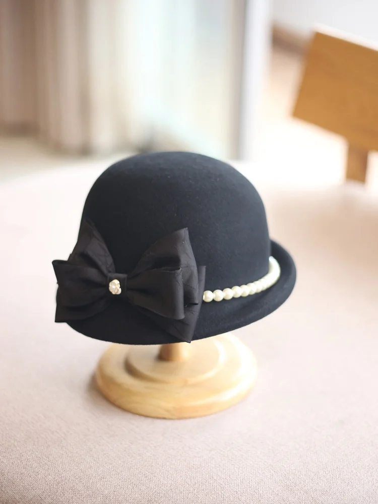 ヘベスタイルパールボウタイウールベレー帽甘くてファッショナブルな暖かい顔痩せ効果のある冬用帽子女性用調節可能なラウンドトップ