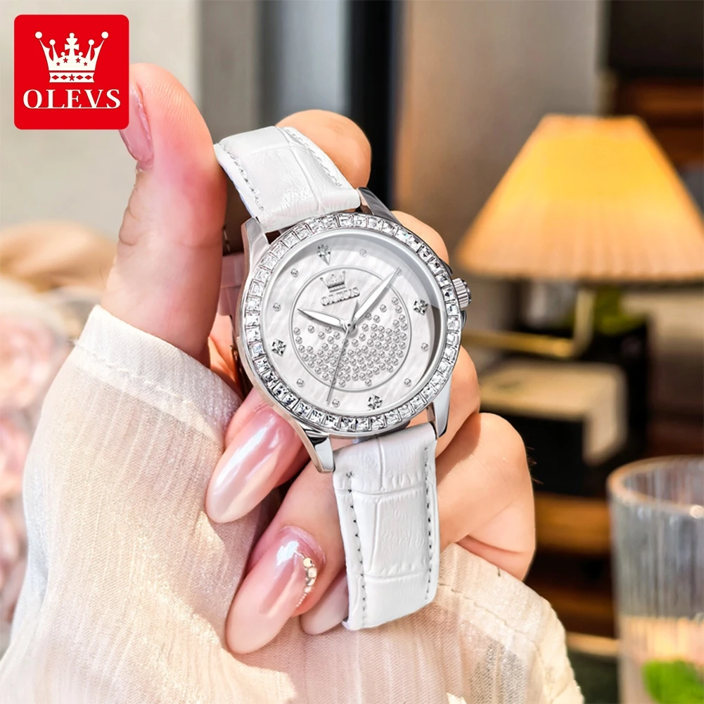 OLEVS 3715 Quartz Watch for Woman Fashion Leather Strap Waterproof Elegant Full Diamond Luxury Original Ladies Dress Wristwatch