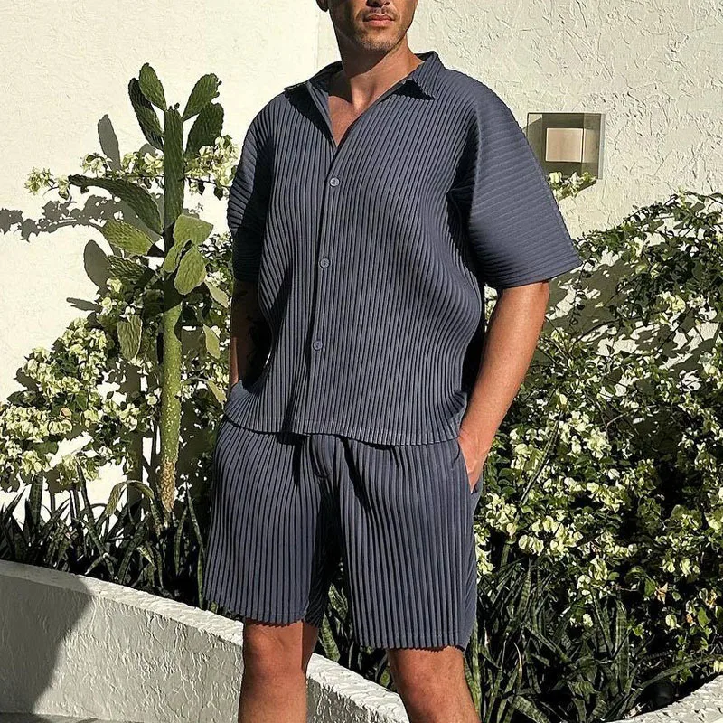 European American Men Casual Beach Matching Set Summer Loose Short Sleeve Button Shirt + Shorts Two Piece Vacation Outfit