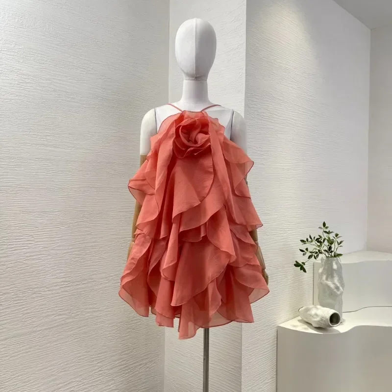 Women's Red/pink High Quality Flowers Appliqued Halter Ruffles Backless Mini Dresses for  2025 New Fashion Style