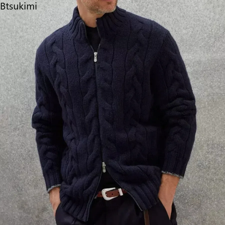 

2026 мужской зимний теплый свитер, кардиган, вязаный однотонный воротник-стойка, вязаный жаккардовый свитер на молнии, пальто, утепленная верхняя одежда для мужчин
