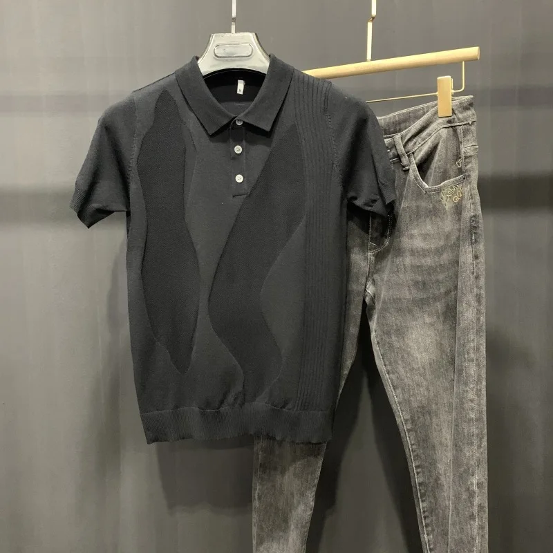 Summer New Men's Short Sleeve Knitted Shirt Thin Polo Shirt Flip Collar Casual Fashion Solid Color Jacquard Top