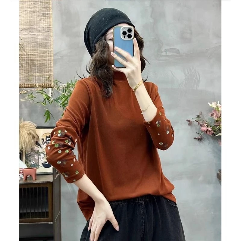 خمر النمط الصيني الكلاسيكي التطريز العرقية نصف الياقة المدورة قاعدة طبقة دافئة أعلى الخريف الشتاء قاعدة النمط الصيني الجديد