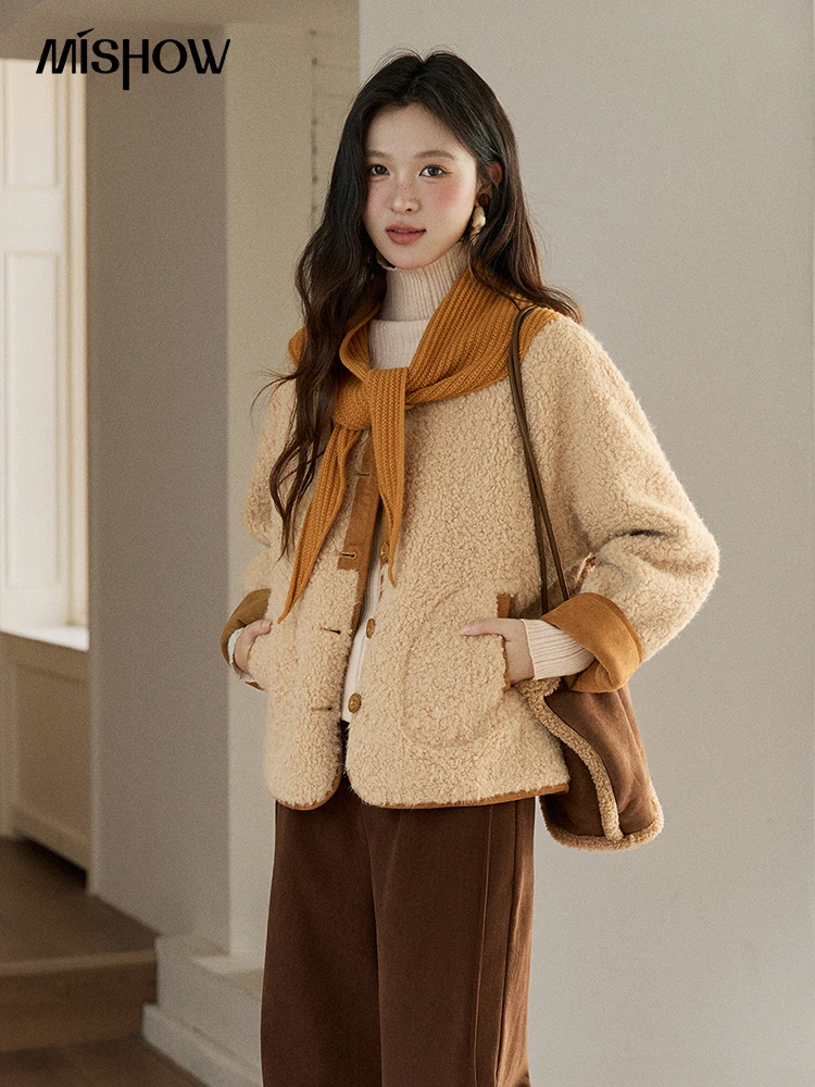 

MISHOW Lamb Wool Jacket with Color Blocking Knitted Shawl for Women Winter 2025 Warm Thickened Fur One-piece Coats MXE91W0969