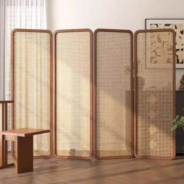 New Chinese rattan screen partition living room retro entrance entrance office home folding mobile solid wood folding screen