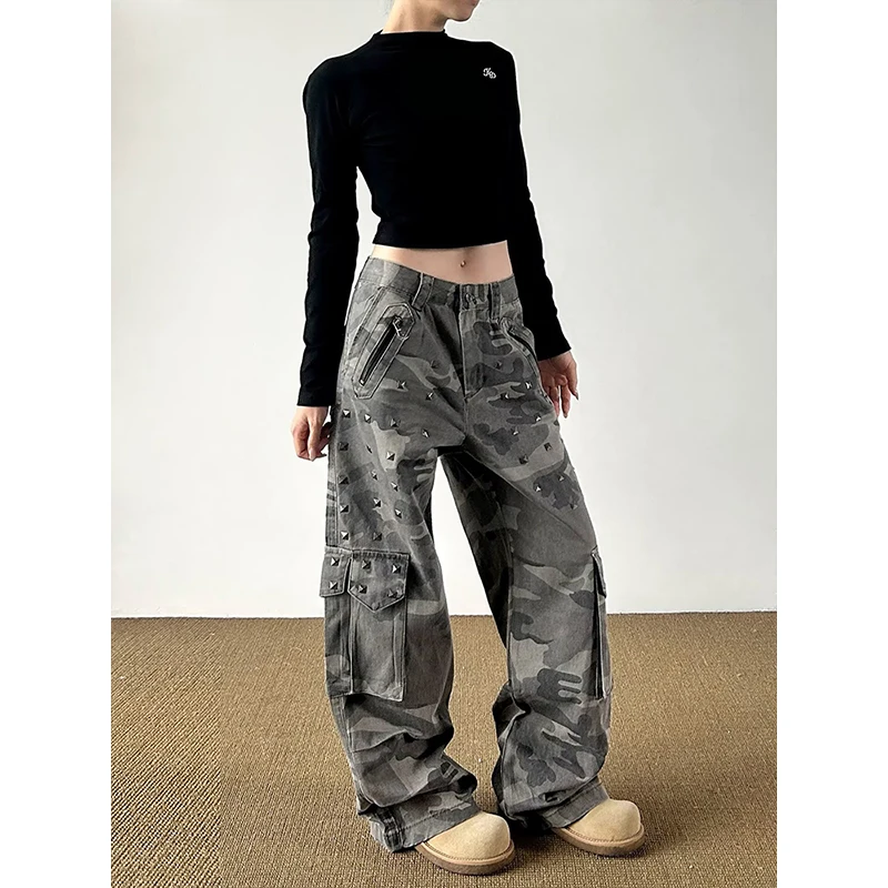 Retro American Streetwear Rivet Camouflage Knife Wide Leg Jeans Women's Loose Fit Floor Length Workwear Trousers