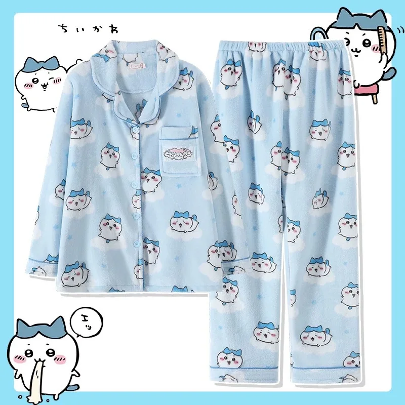 2024 New Chiikawa Winter Coral Velvet Pajama Set Cute Cartoon Usagi Thickened Warm Home Clothes Set Girlfriend Outfit Gift