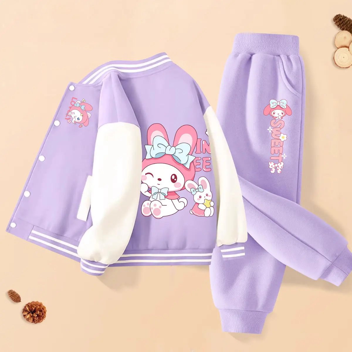 SANRIO Kuromi Cinnamoroll ชุดสองชิ้นเด็กผู้หญิง, 2024ใหม่ชุดเบสบอลกางเกงโมเดลเด็กผู้หญิง My Melody Cloth