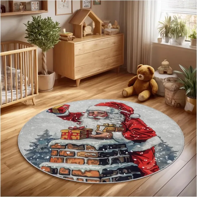 Santa Claus Builds Red Wall Pattern Circular Carpet Christmas Tree and Children's Carpet Christmas Decoration Gifts