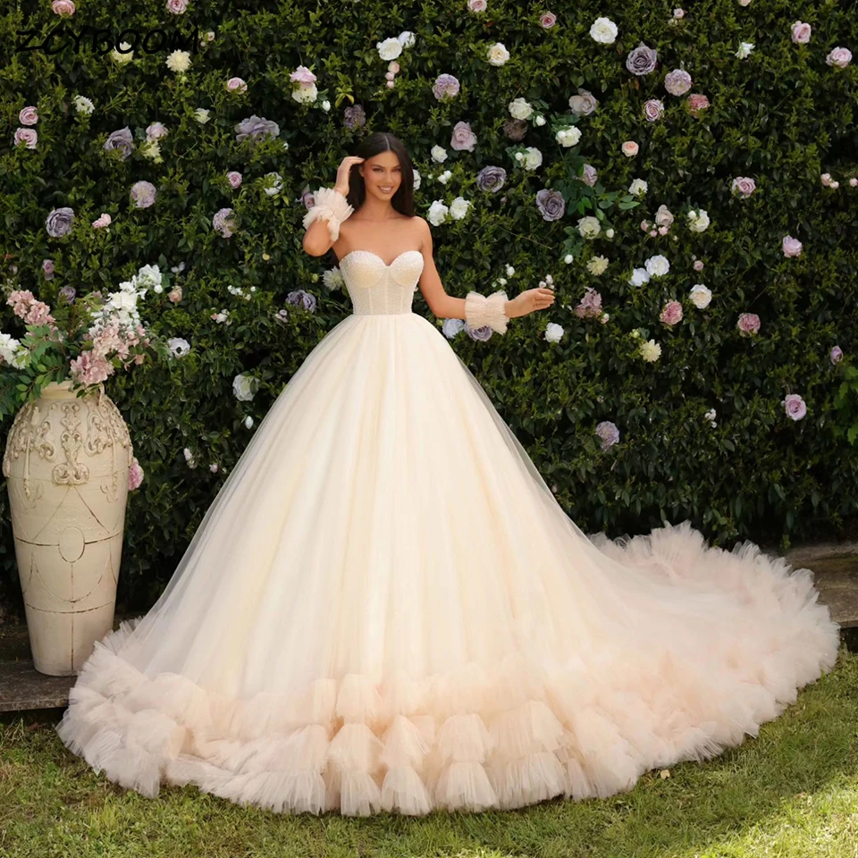 Luxury Sweetheart Tulle Ruffles Ball Gown Wedding Dress 2026 Princess Strapless Glitter Beaded Women Bride Gown Vestido De Novia