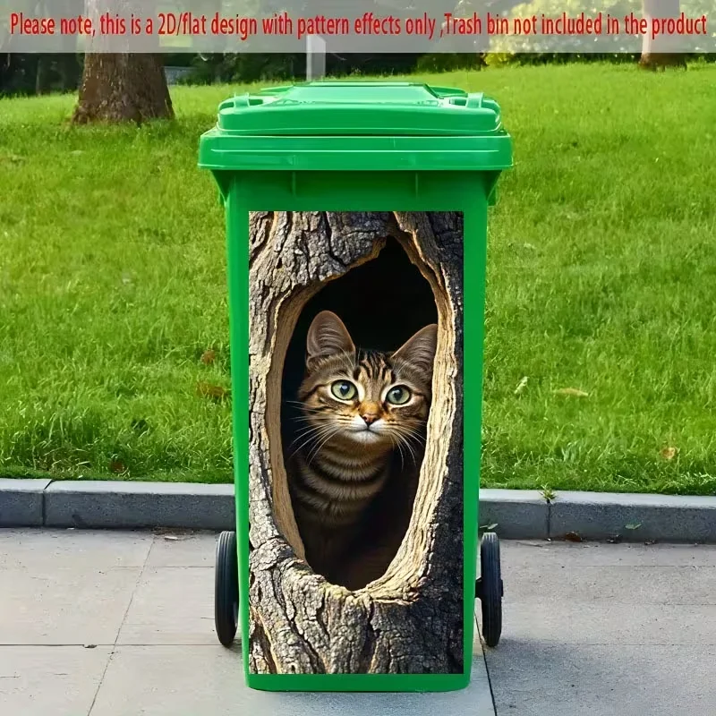 1 trash can sticker featuring a realistic cat peeking from a tree hole design