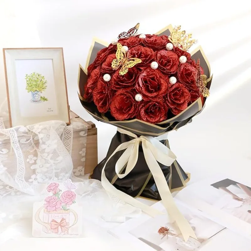 

12/24 шт. Искусственные цветы с блестками, розы, подарки для мамы/на День святого Валентина, для подруги, жены, букеты для самостоятельного изготовления, для свадьбы, дня рождения