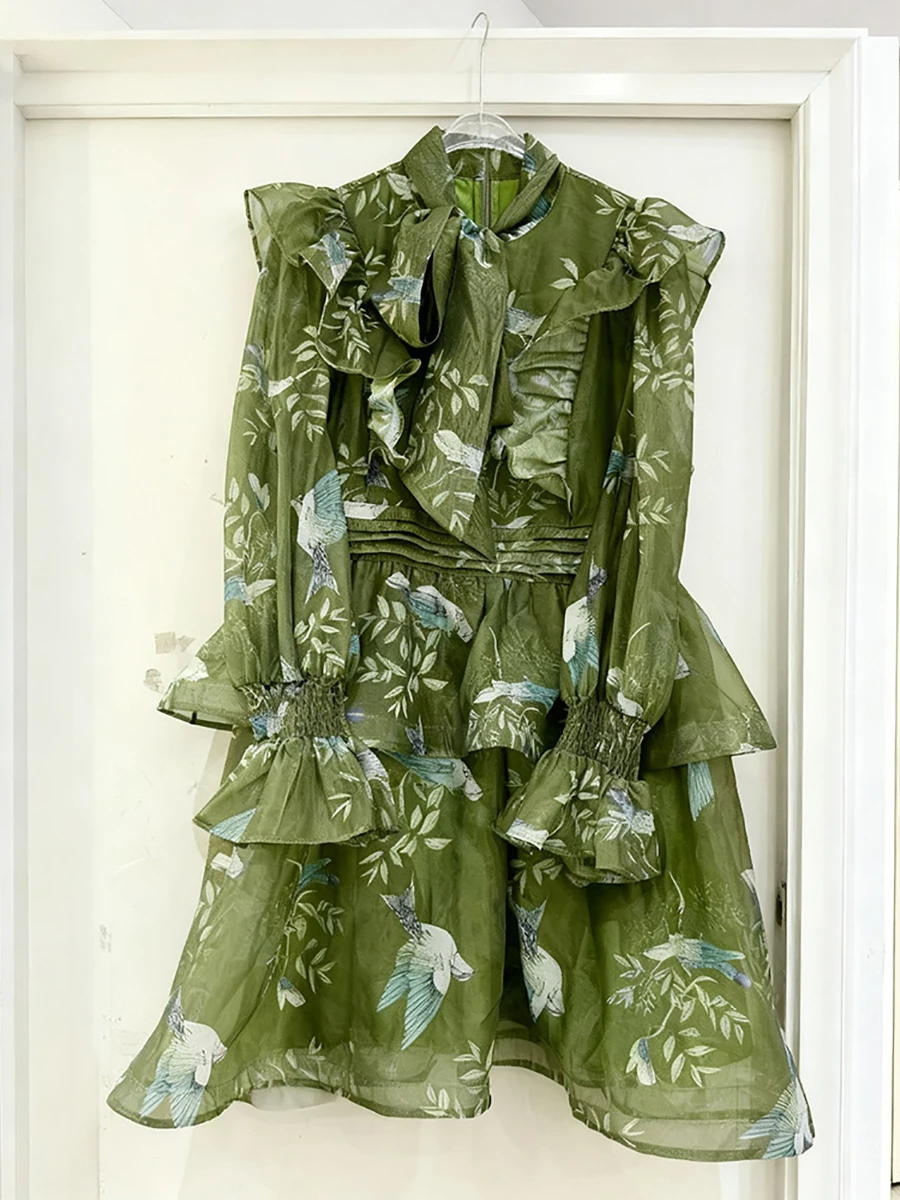 VGH français Vintage impression robe courte pour les femmes col écharpe lanterne manches Patchwork à plusieurs niveaux voir à travers des robes douces femme