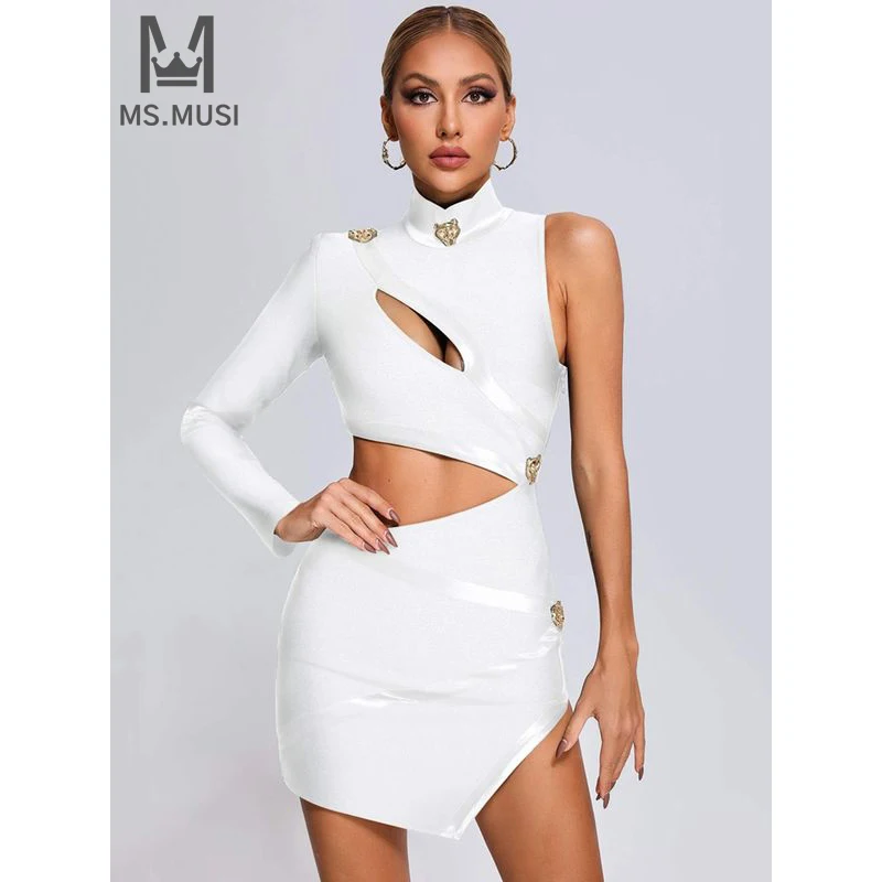 

MSMUSI 2023 New Fashion Women Sexy One Shoulder Lion Leopard Decorate Hollow Out Bandage Party Club Bodycon Event Midi Dress