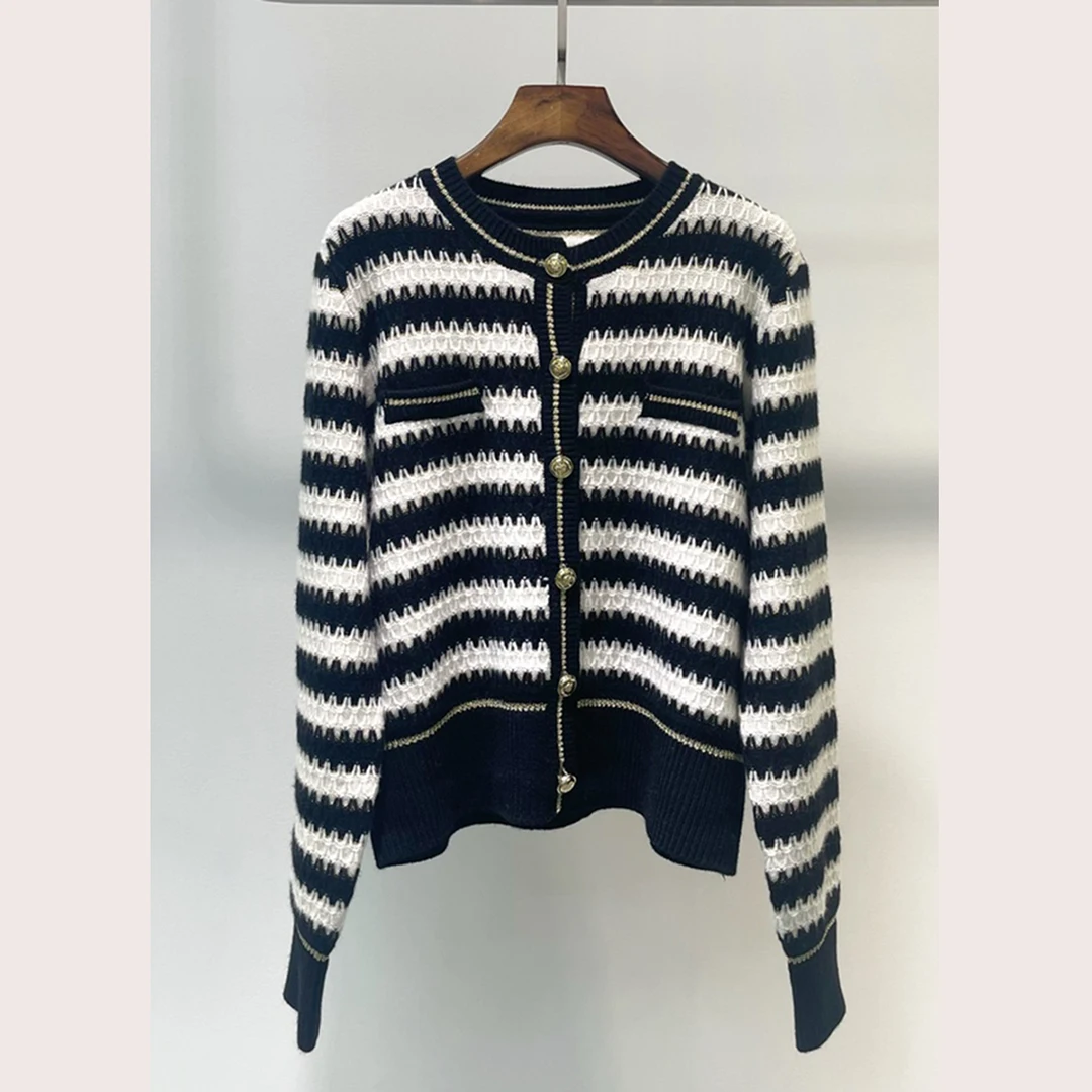 2024 Autumn Winter CC Black&White Striped Elegant Vintage Women’s Cardigan Sweater