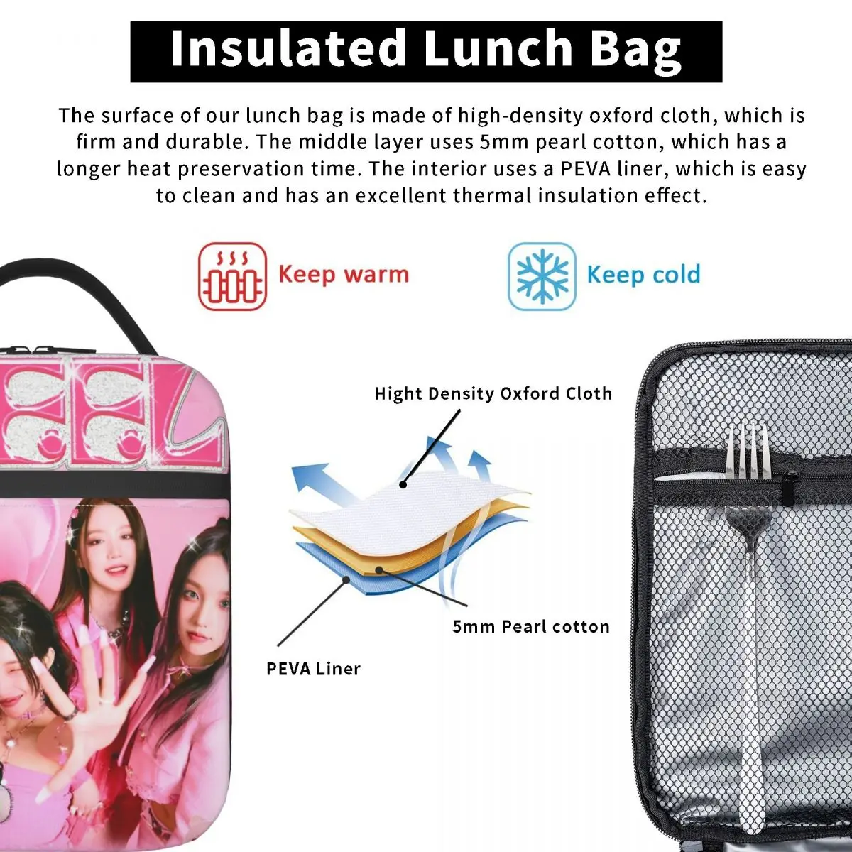 I-dle Girl Group k-pop bolsas de almuerzo aisladas, contenedor portátil, bolsa enfriadora, bolsa de almacenamiento de alimentos para Picnic