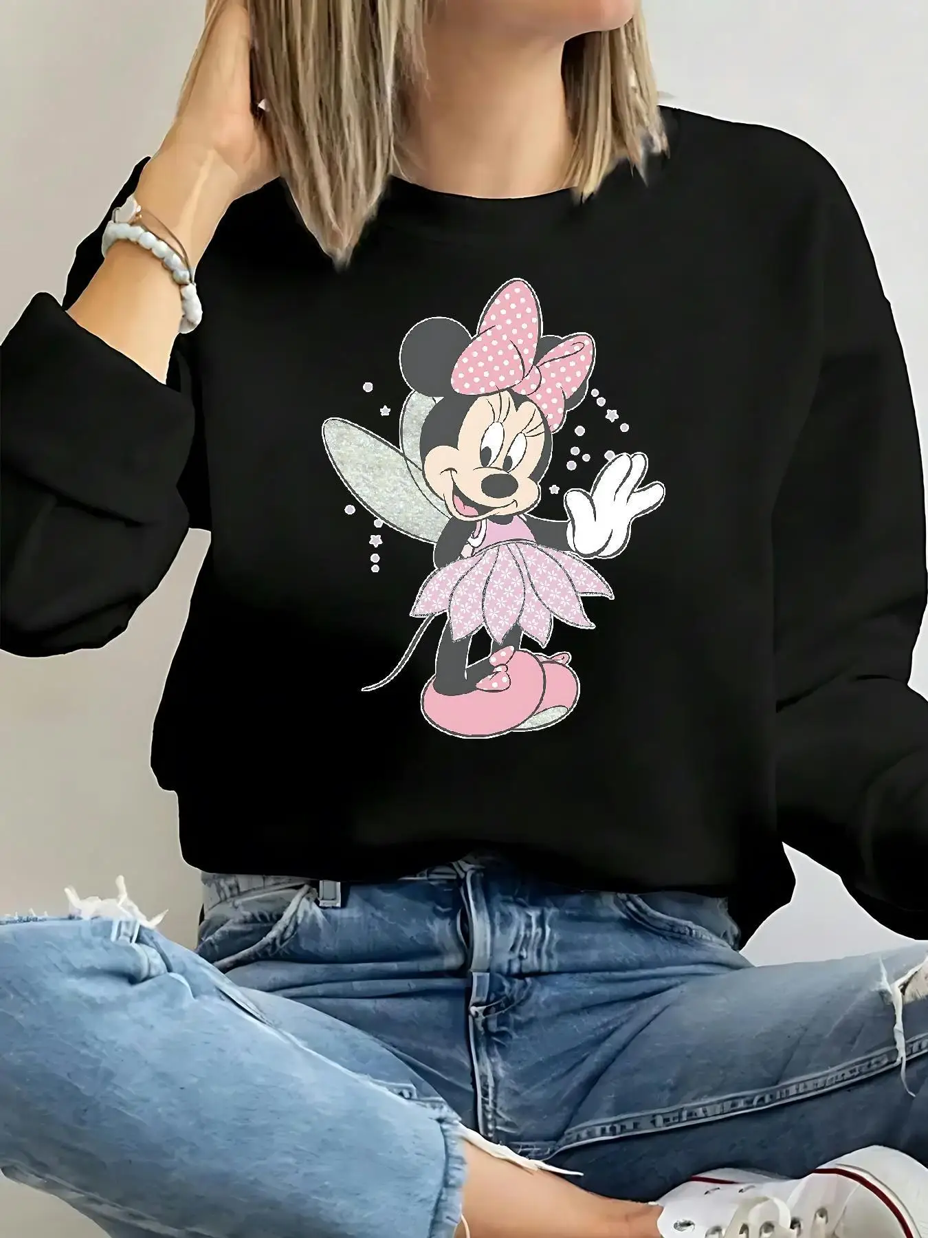 

Женская хлопковая толстовка с капюшоном и бантом в стиле Минни Маус Дисней, пуловер, повседневный осенне-зимний уютный флисовый топ большого размера с длинными рукавами