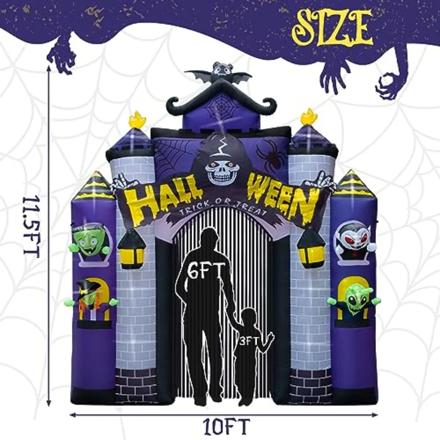Halloween Opblaasbaar 2023 Kasteel 11.5FT met Deur LED Verlichting Spookhuis Boog voor Halloween Decoraties Outdoor Blow up Y