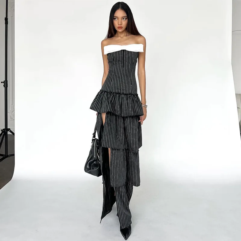 Women's Clothing 2024 Spring Summer New Sex Ruffle Edge Stripes Long Skirt Fashionable Stage Striped Split Cake Long Dresses