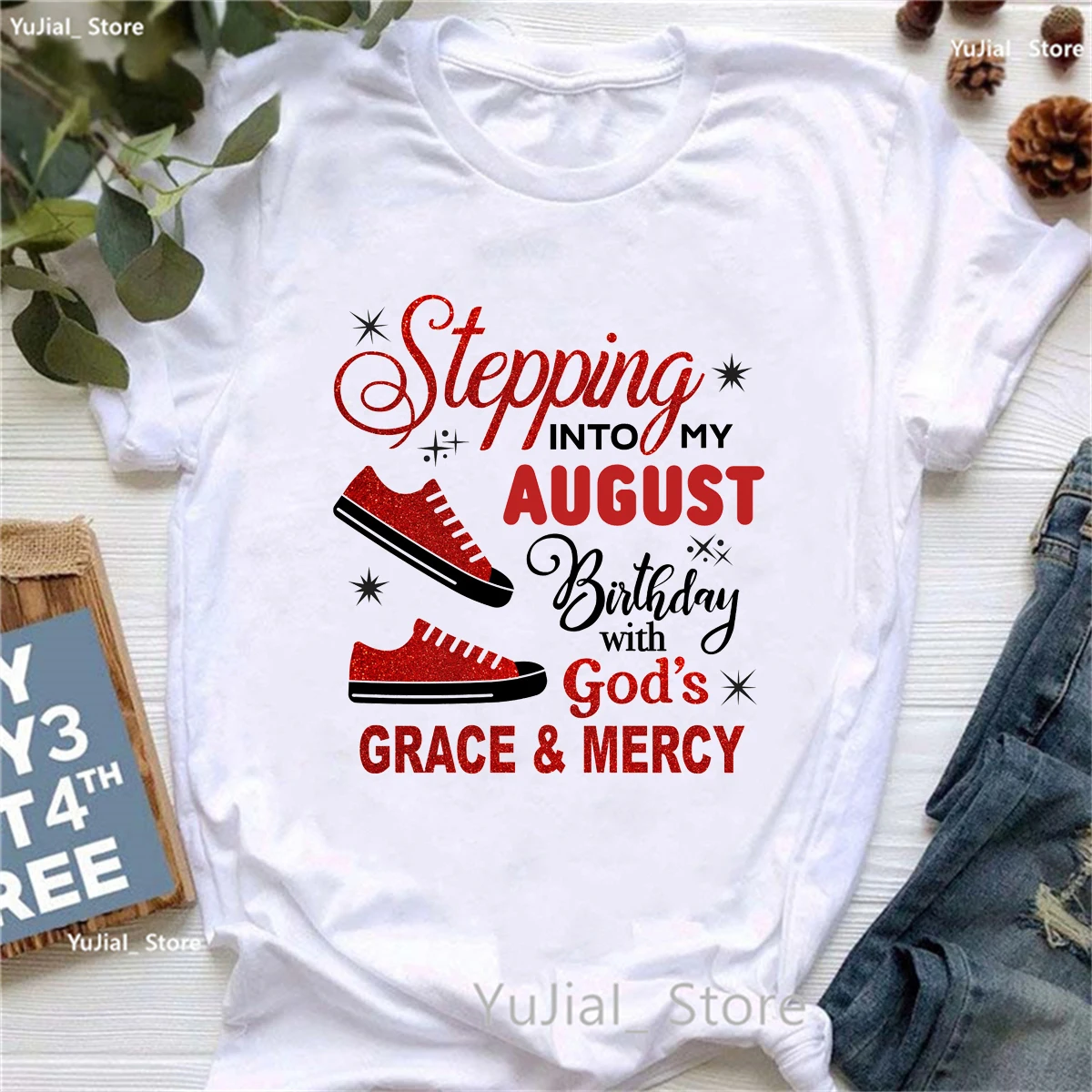 

Stepping Into My August, футболка с принтом God'S Grace Mercy, женская блестящая спортивная обувь, летняя футболка Femme