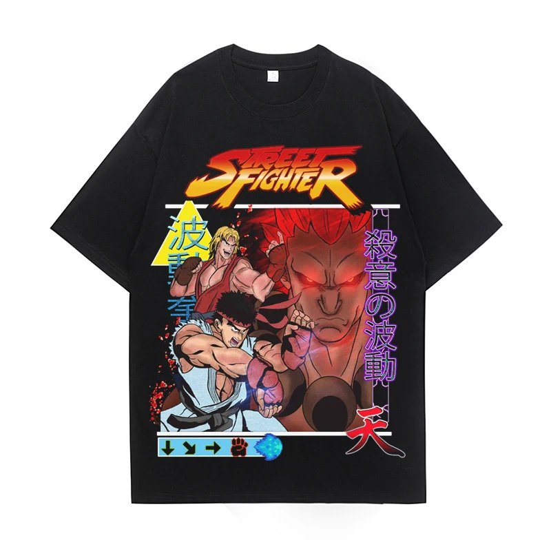 Street Fighter Vintage Washed T Shirt Men O-Neck Harajuku Cotton Oversized Short Sleeve Men And Women Hip Hop Streetwear