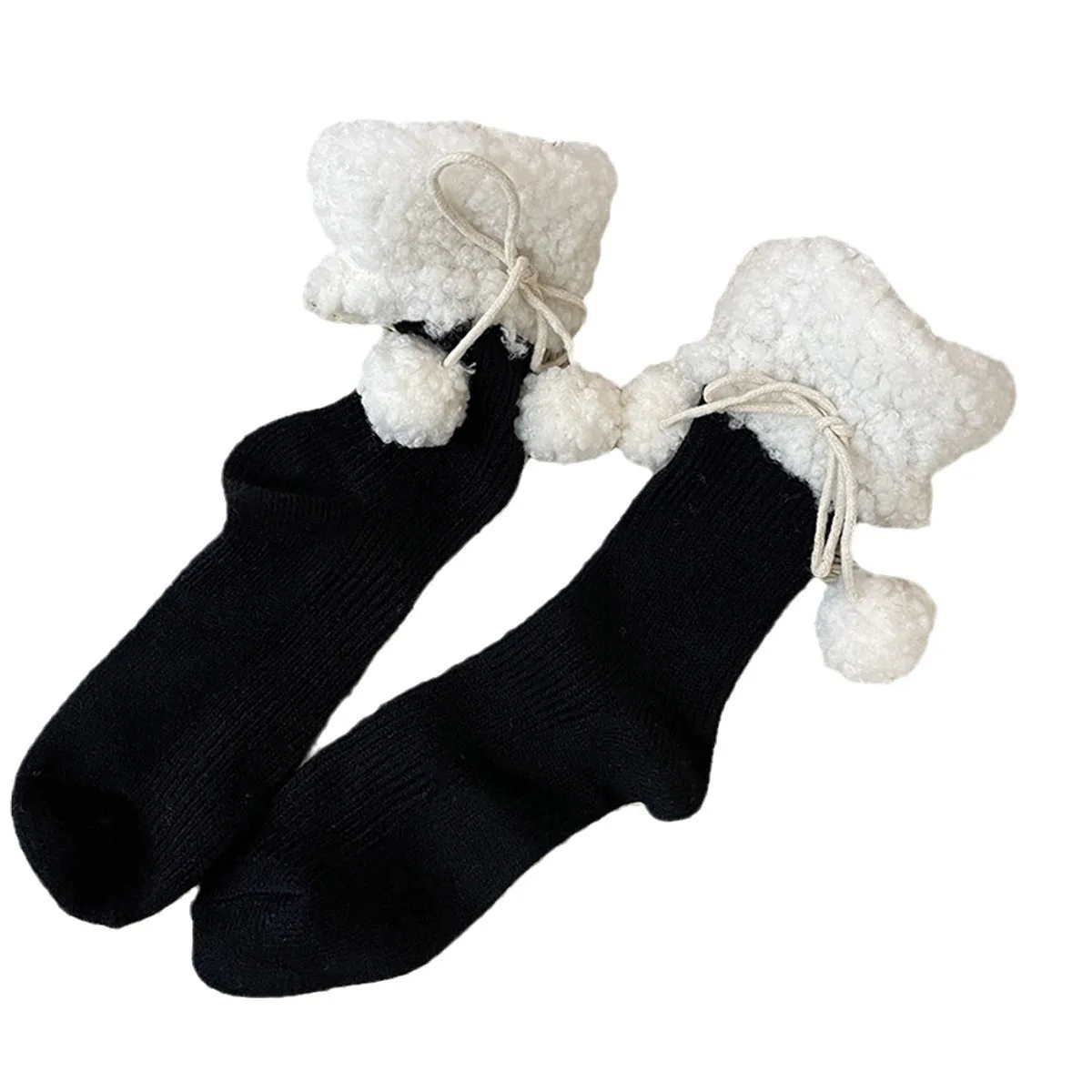 Sweet Winter Lamb Fleece, Lace, Ball, Bow, Imitation Cashmere, Warm, Vertical Bar, Adorable Pile up Socks for Girls