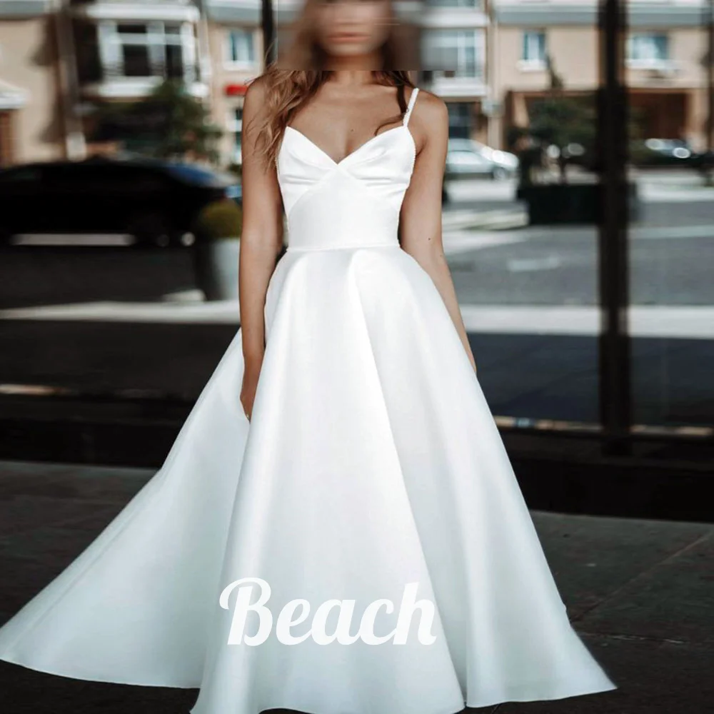 Robe de Mariée Simple Personnalisée, Tenue de Plage, Col en V, Spaghetti, Ligne A, Dos aux, Courte, Traîne, 2024