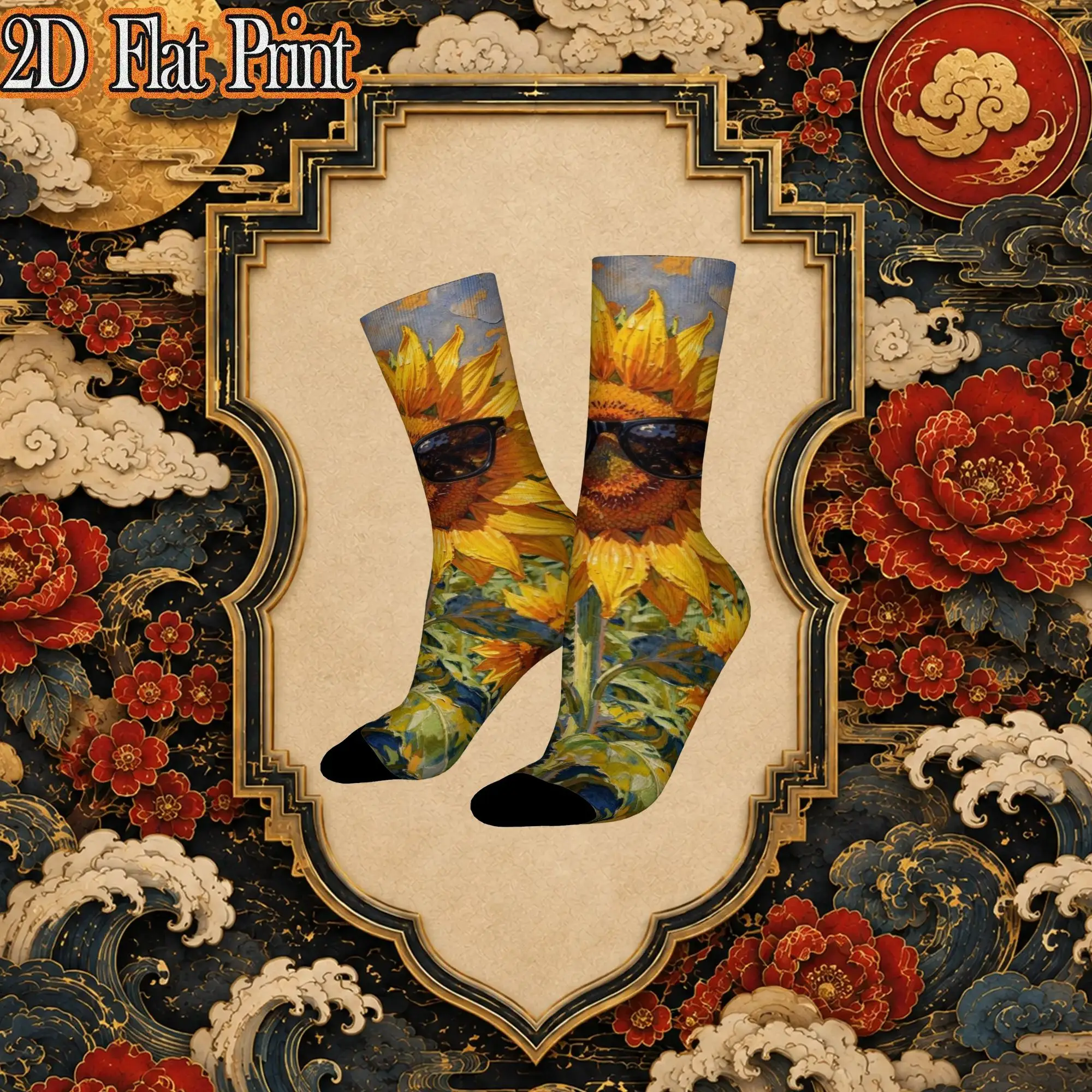 Fashion Retro Sunflower Oil Paint  Men's  Mid TubeSock Unisex  Funny Mid-Calf Socks
