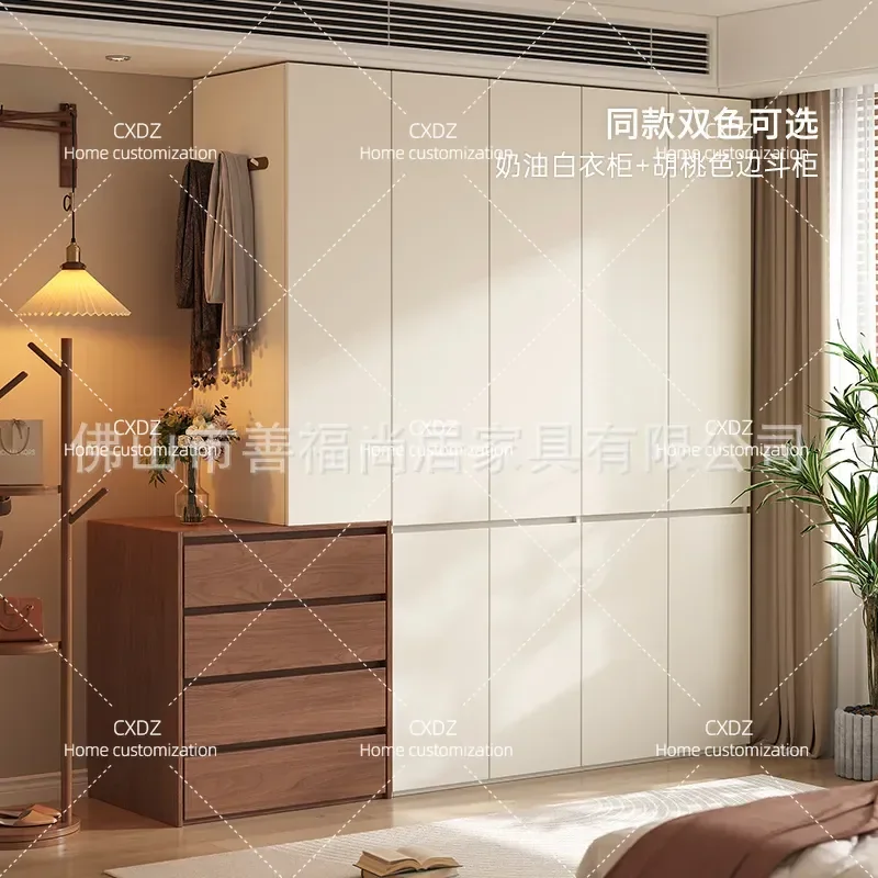 Solid Wood Chest Combination Wardrobe Household Bedroom No Punching Hook Coat Cabinet Cream Style Storage Sectional Wardrobe
