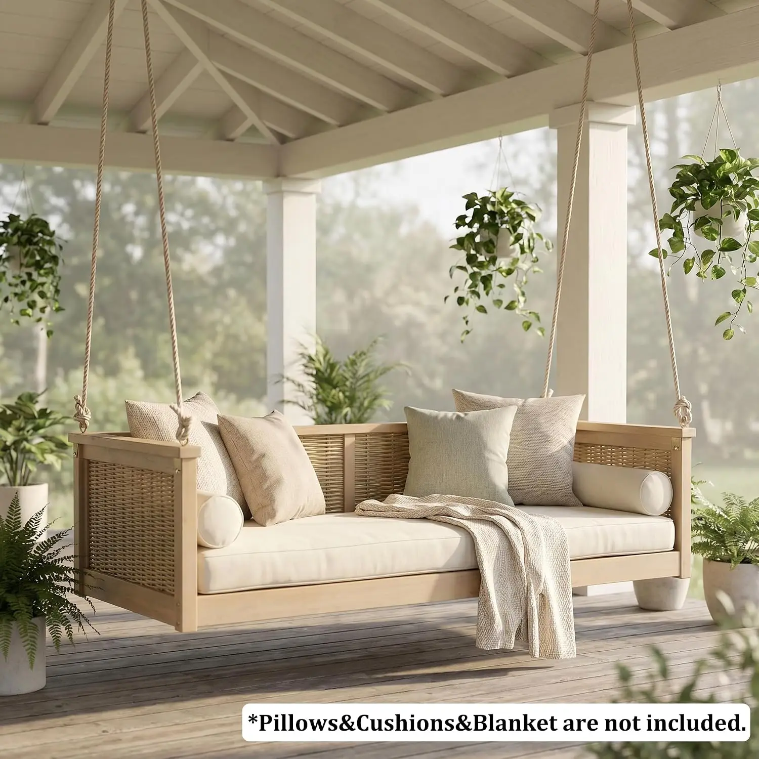 Solid Wood Twin-Size Outdoor Swing Bed with Hanging Ropes 6