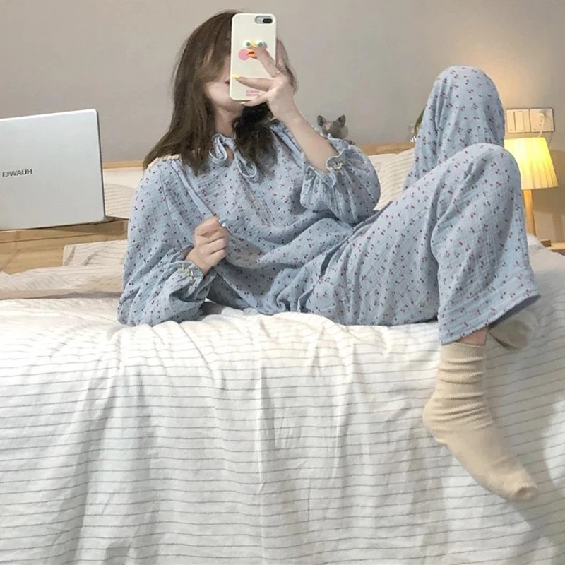 

Women Pajama Sets Drawstring Ruffles Printed Student Lovely Stretchy Korean Style Home Wear Simple Breathable Ulzzang Pajamas