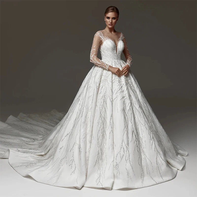 

Graceful Wedding Dress Organza With Embroidery Beading Sequins Ball Gown Full Sleeve O-Neck Customized Bride Vestido De Novia ﻿