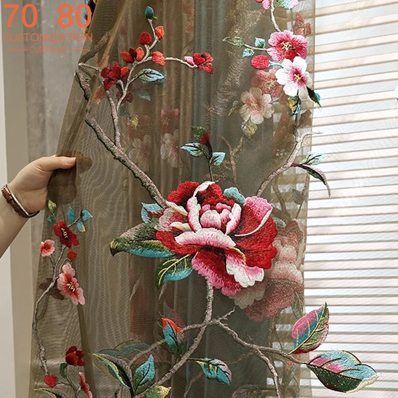 

New Chinese Relief Peony Embroidered Window Gauze Champagne Patched Curtains for Living Room Bedroom French Window