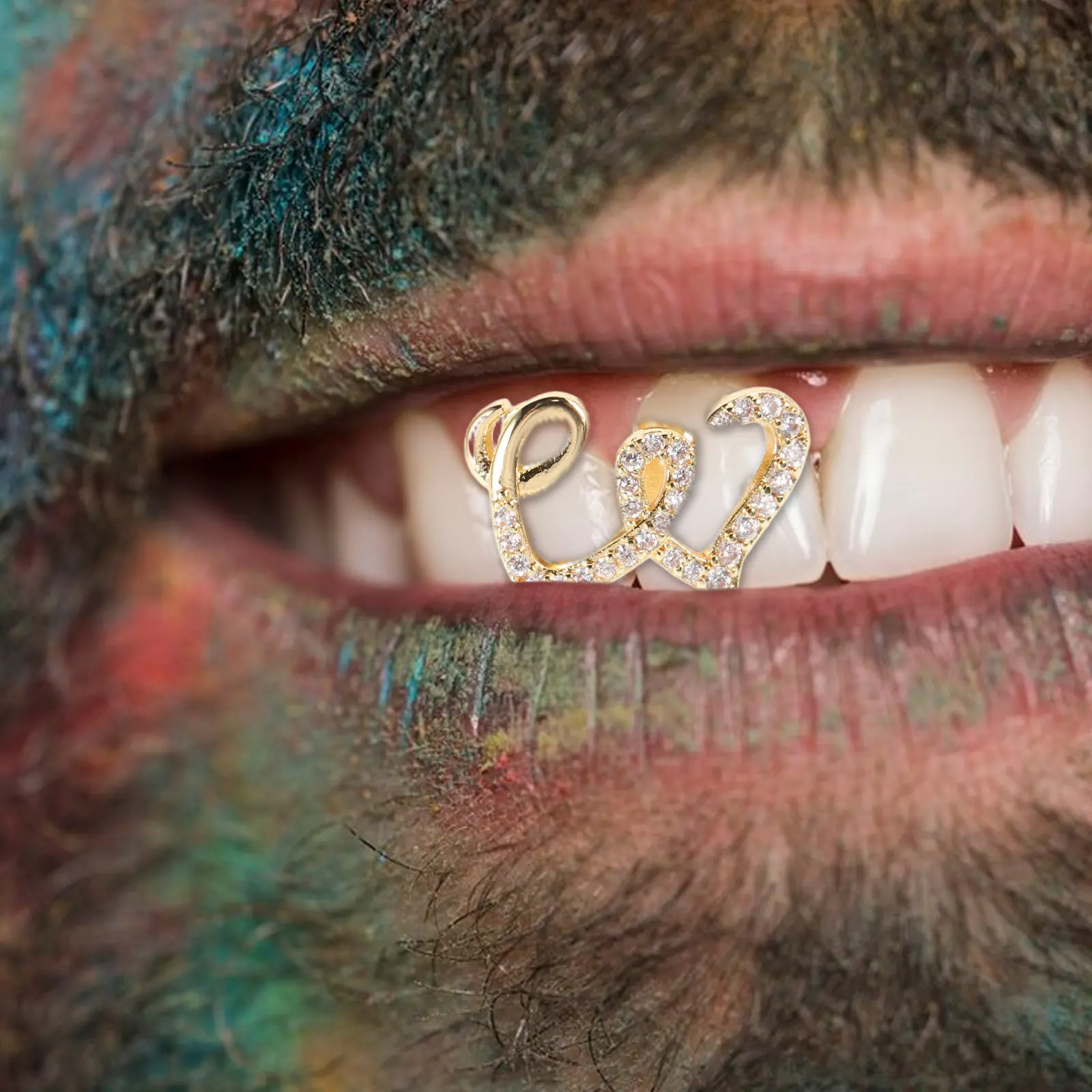 

2Pcs Metal Teeth Grills for Adults - Double Heart Charm Cubic Zirconia Fake Tooth Jewelry Caps for Cosplay Hip Hop Party Wear