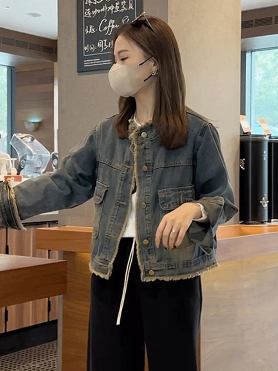 

Retro Waed Denim Jaet Women's Loose Fit Faionable Multi-Functional Spring Autumn New Sle Button up ort Coat