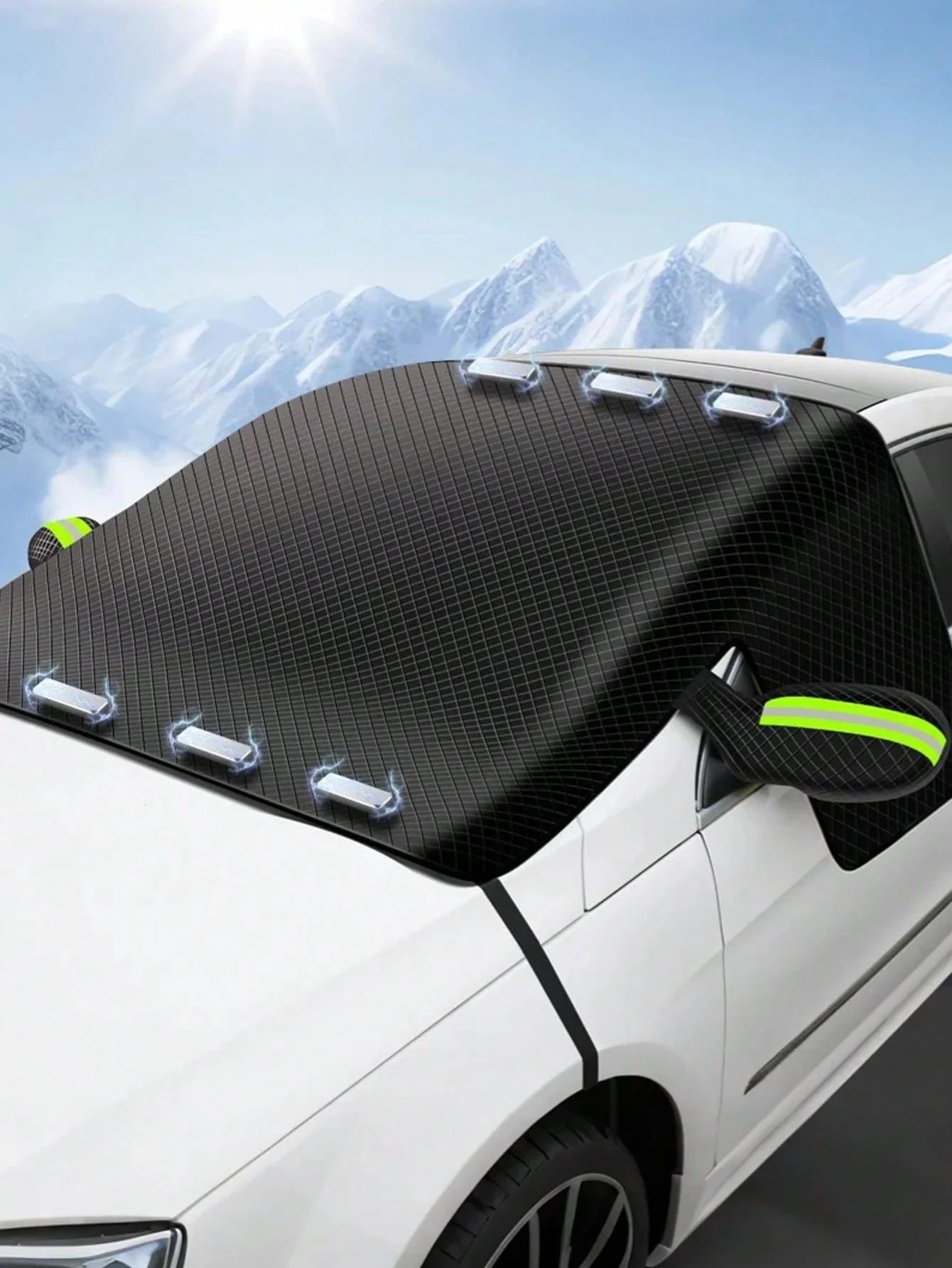 Magnetic Car Windshield Cover, 3-Way Snow/Frost Shield, Thick Anti-Ice Protection (Front/Side Windows), Easy Install (Strong Mag