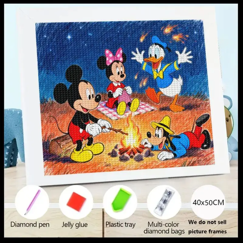 

1PC Premium 5D Full Drill Diamond Painting Kit, DIY Disney Mickey Mouse, Minnie, Donald Duck & Goofy Campfire Adventure, Sparkli