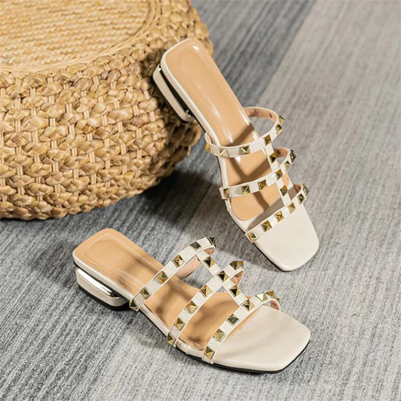 Summer Low Heel Women Rivets Sandals Thin Ribbon Fashion Korean Design Girls Shoes Large Size Wear Slippers Free Delivery