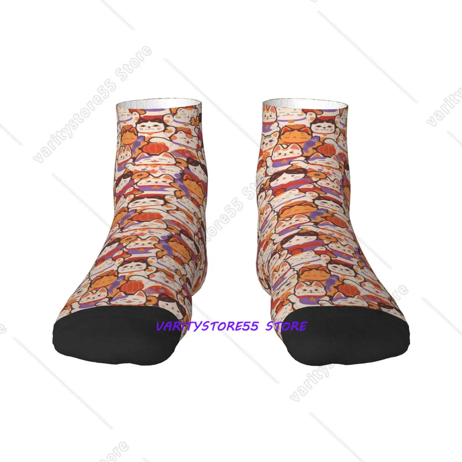 

Maneki-Neko Cats Pattern Crew SocksToe Seamed Ankle Cushioned Breathable Athletic Crew Sports Socks