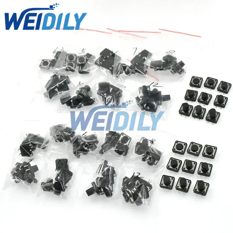 45PCS 9Kinds PCB Tactile Tact Push Button Switch Kit DIP SMD 4pin Micro Switched Button Set 12*12*4.3-12mm 12x12x5mm 12x12x6mm