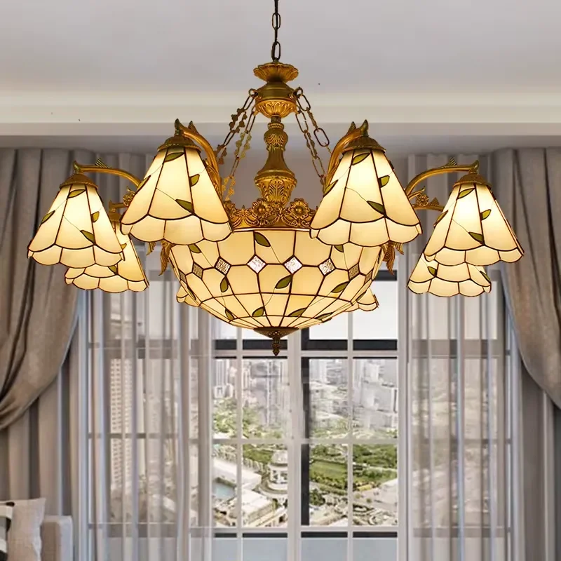 Vintage Tiffany Style Glass Chandelier Multi Head LED Pendant Light Warm Ambient Lighting Fixture For Bedroom Study Room