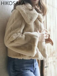 Japanese Elegant Furry Plush Women Coat Turn-down Collar Solid Faux Fur Jacket Winter 2024 Fashion Thick Warm Cropped Lady Tops