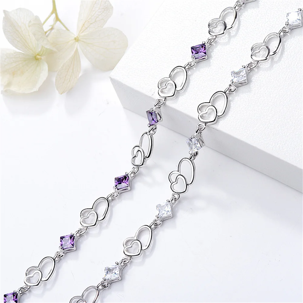 

Korean Silver Bracelet - 925 Double Heart, Amethyst Women's Jewelry