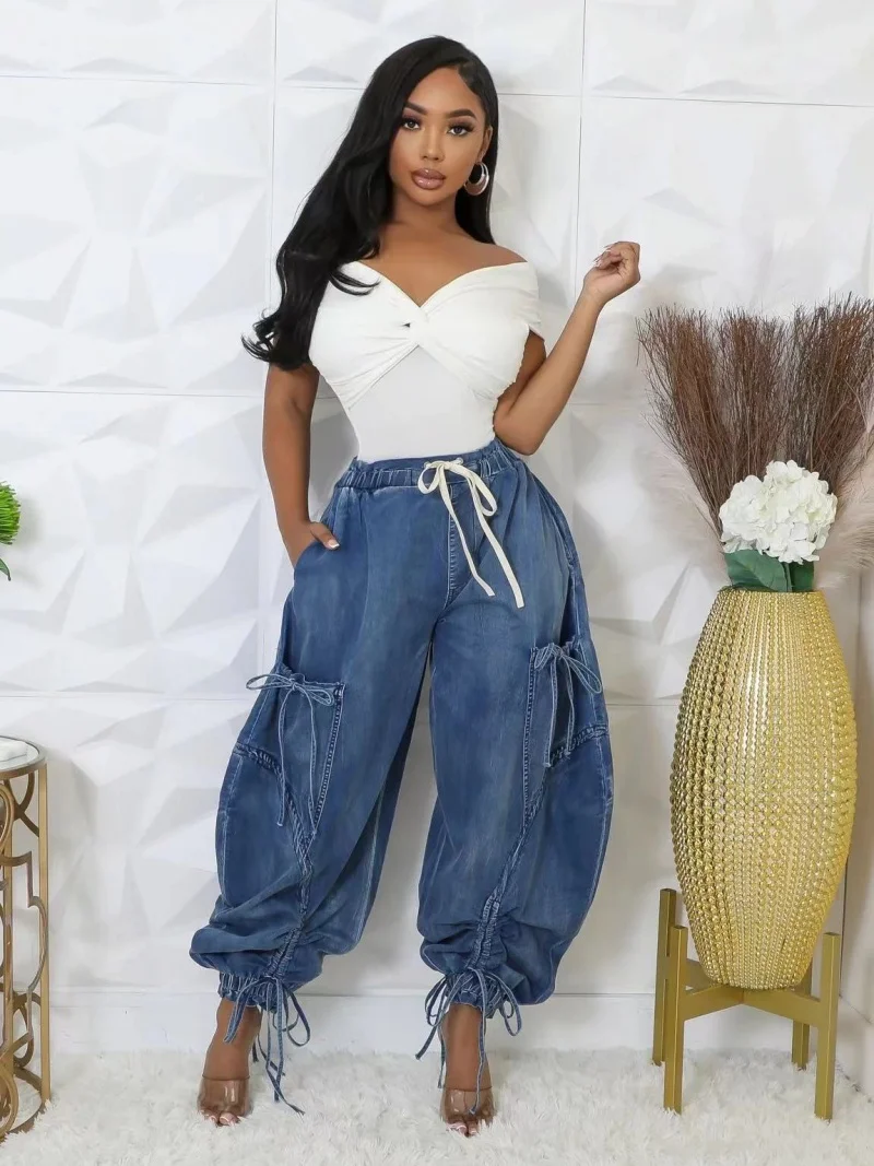 

Streetwear Denim Baggy Pants Autumn Clothing Women High Waist Spliced Lace Up Jeans Trousers Fashion Loose Wide Leg Denim Pants